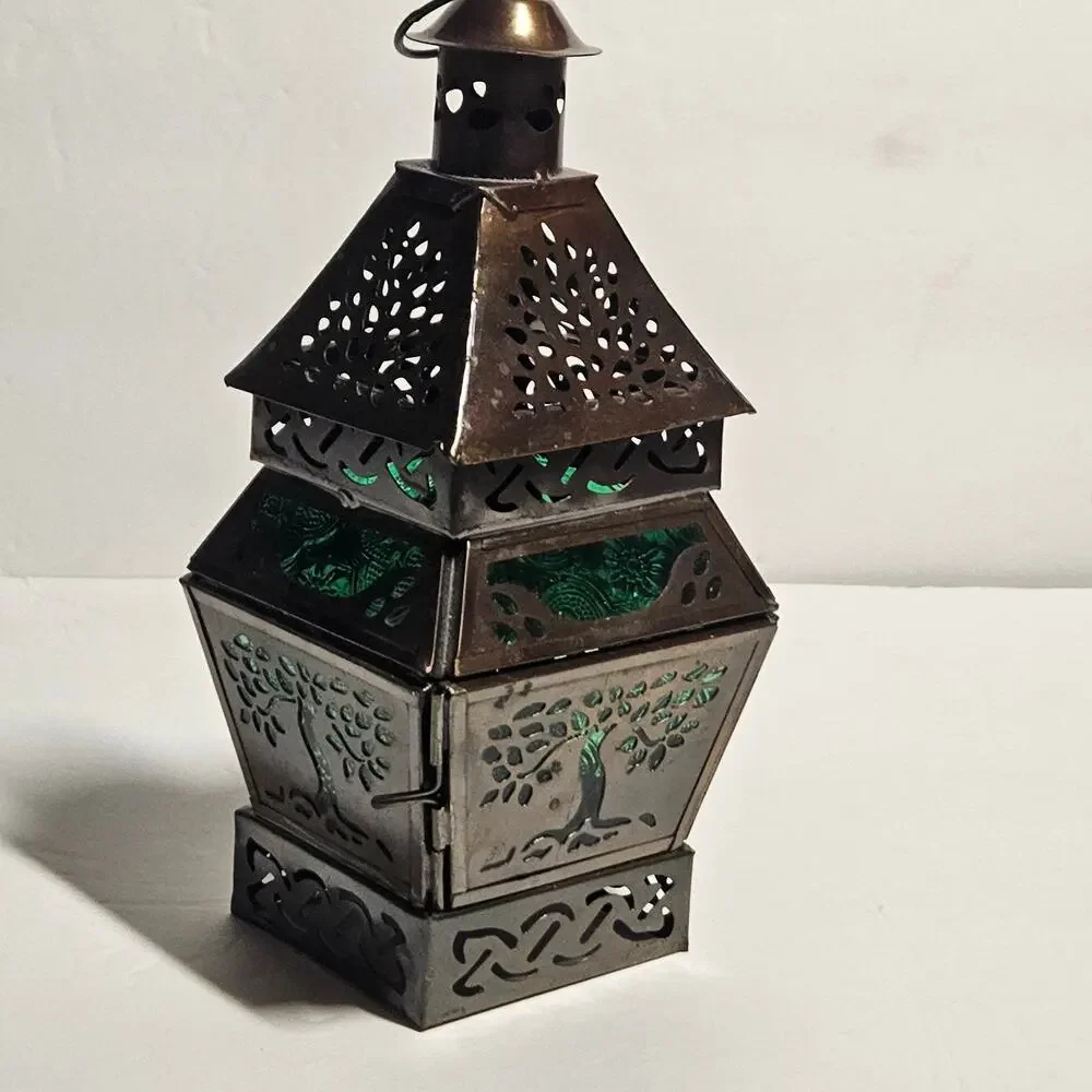 Vintage Pier 1 Imports Tree of Life Green Glass Moroccan Lantern